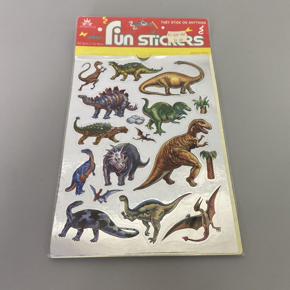 Vintage 1990 Foil Dinosaur Stickers Sheet Arden Gift Taiwan Sealed Retro 90s